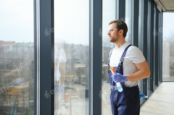 Person reinigt eine raumhohe Fensterfront von innen mit Sprühflasche und Tuch