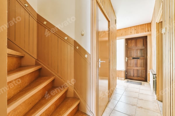 Treppenhaus mit Holzstufen, Holzvertäfelung und Wohnungstür