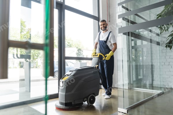 Person führt eine Scheuersaugmaschine durch ein verglastes Foyer